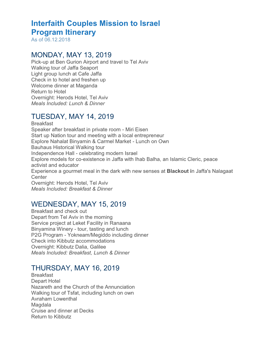 Interfaith Couples Mission to Israel Program Itinerary As of 06.12.2018