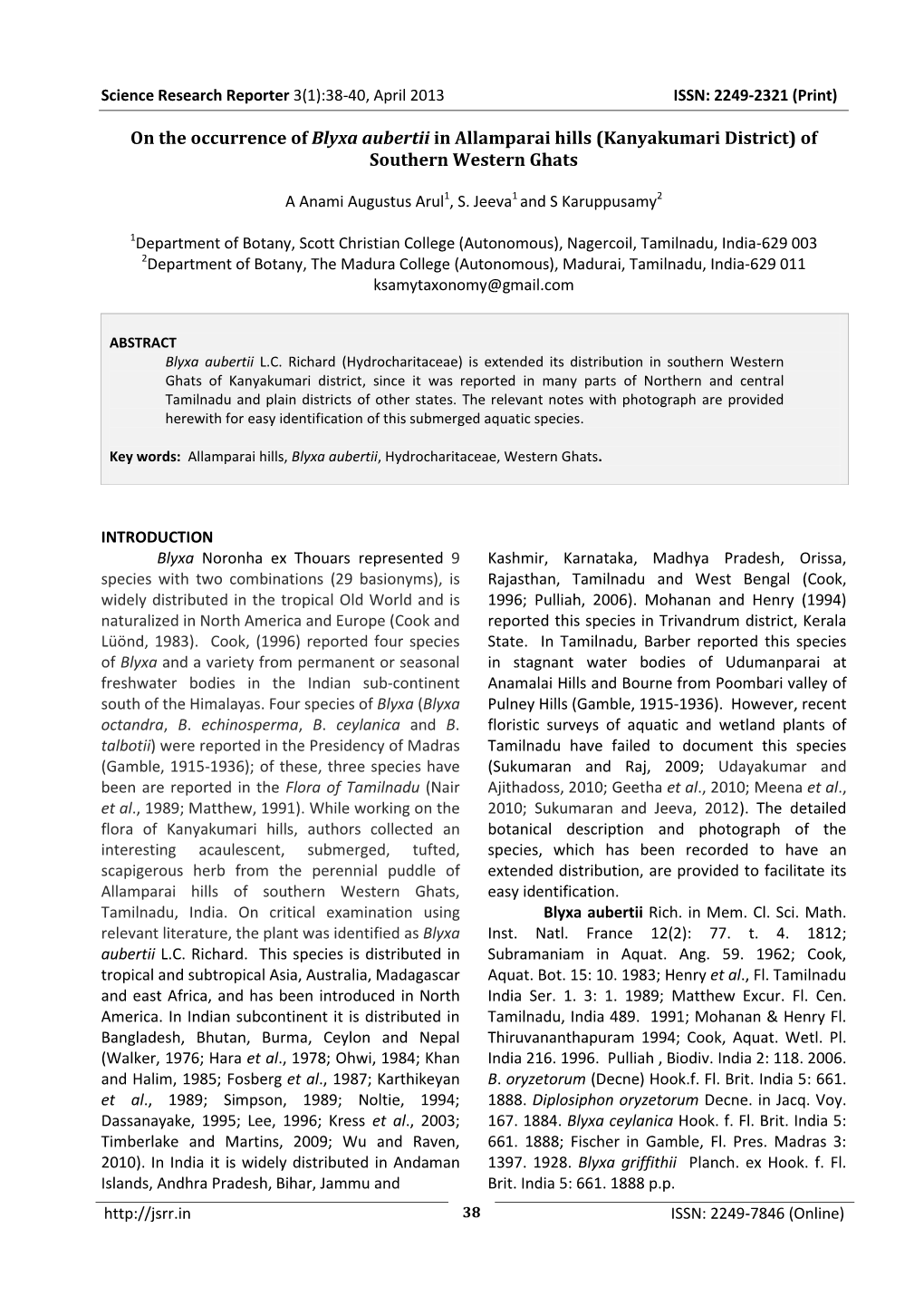 On the Occurrence of Blyxa Aubertii in Allamparai Hills (Kanyakumari District) of Southern Western Ghats