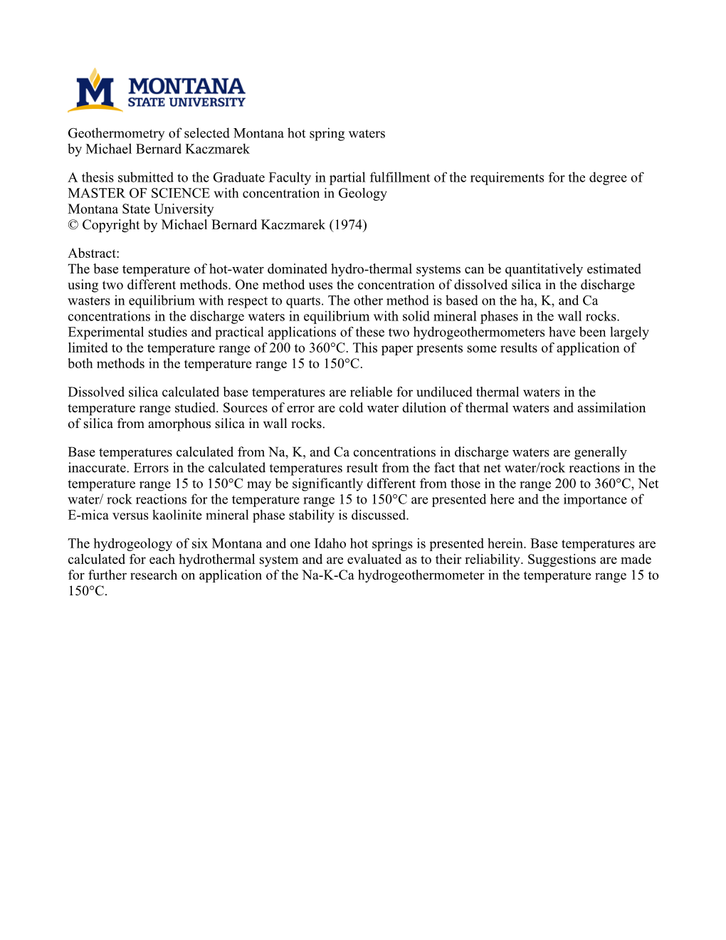 Geothermometry of Selected Montana Hot Spring Waters by Michael