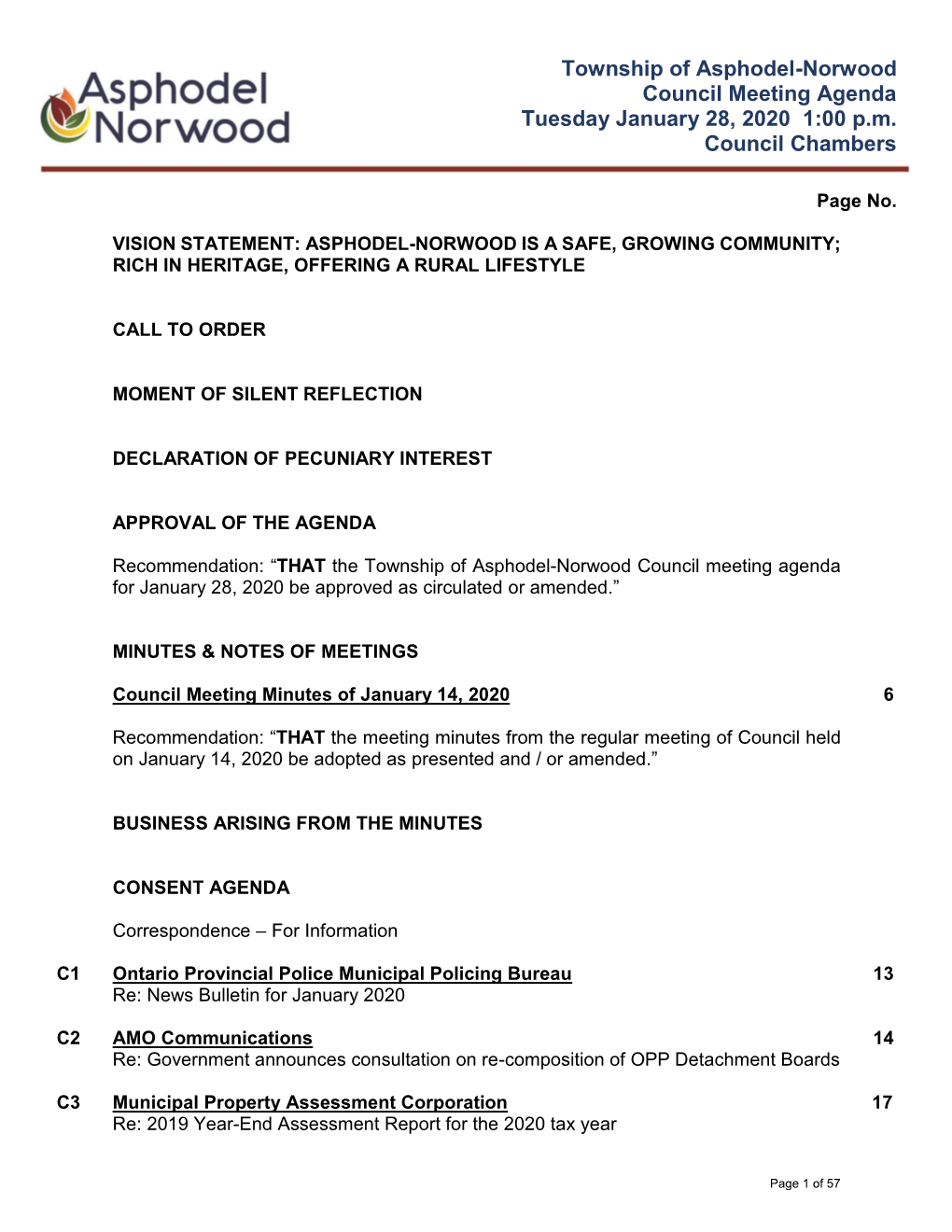 Township of Asphodel-Norwood Council Meeting Agenda Tuesday January 28, 2020 1:00 P.M