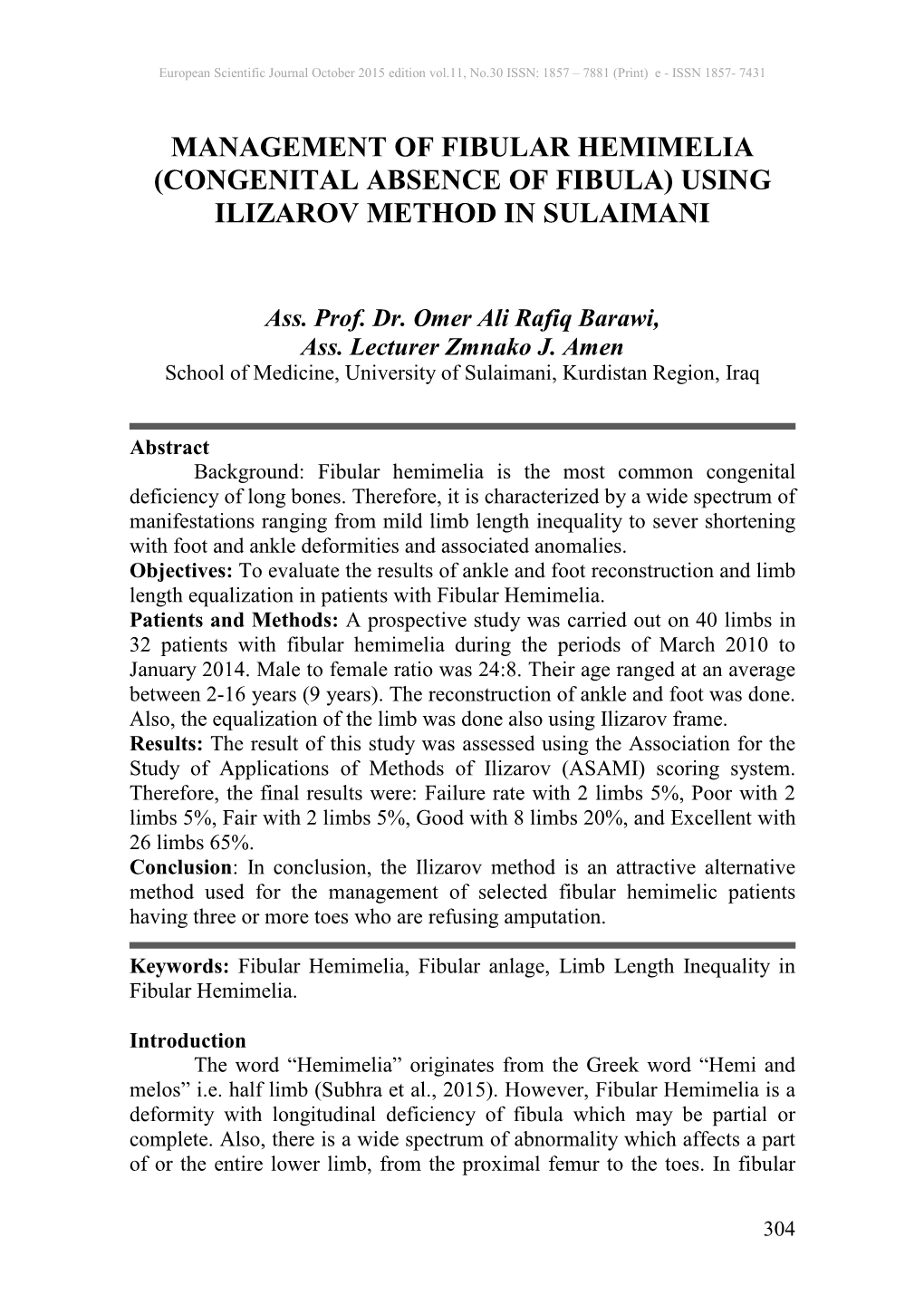 Management of Fibular Hemimelia (Congenital Absence of Fibula) Using Ilizarov Method in Sulaimani