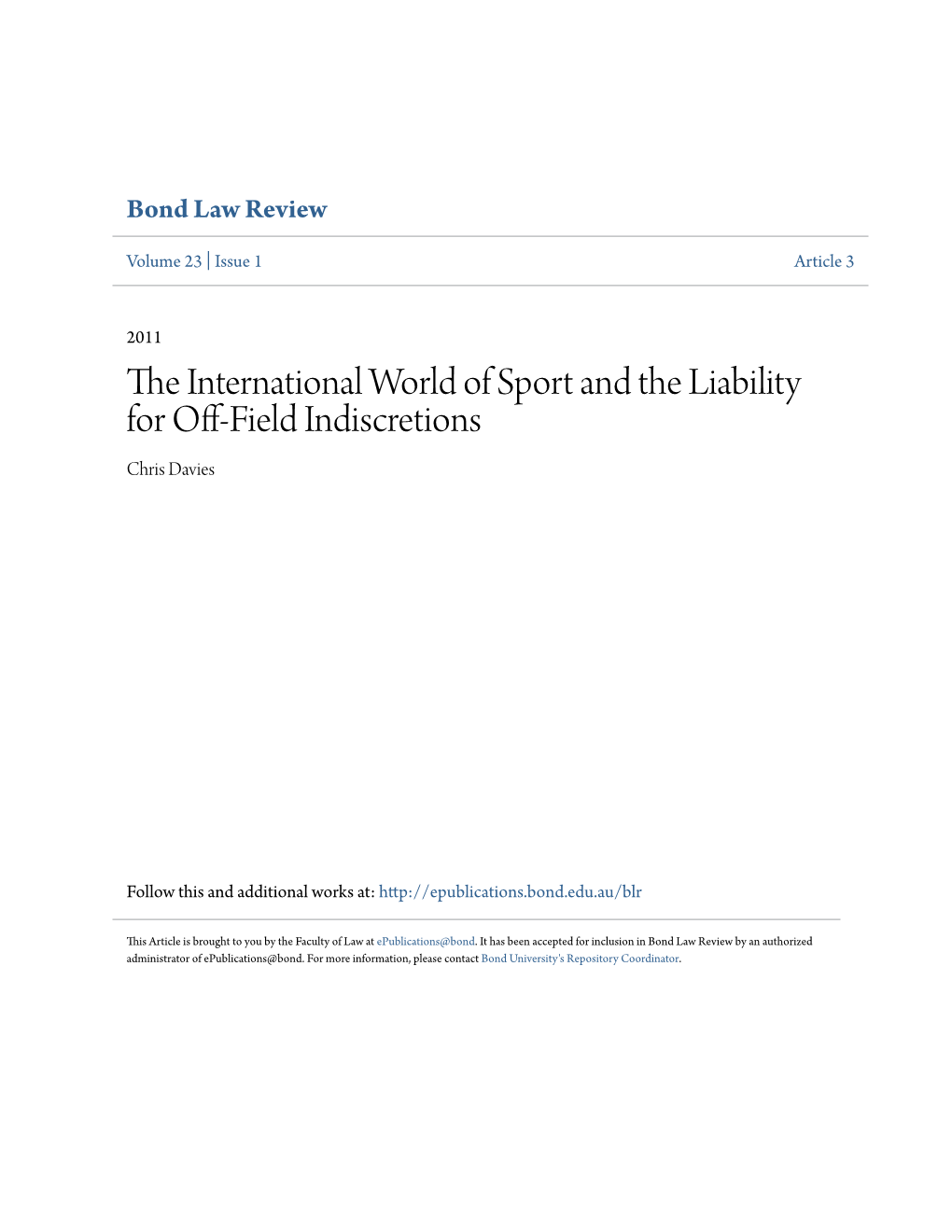 The International World of Sport and the Liability for Off-Field Indiscretions