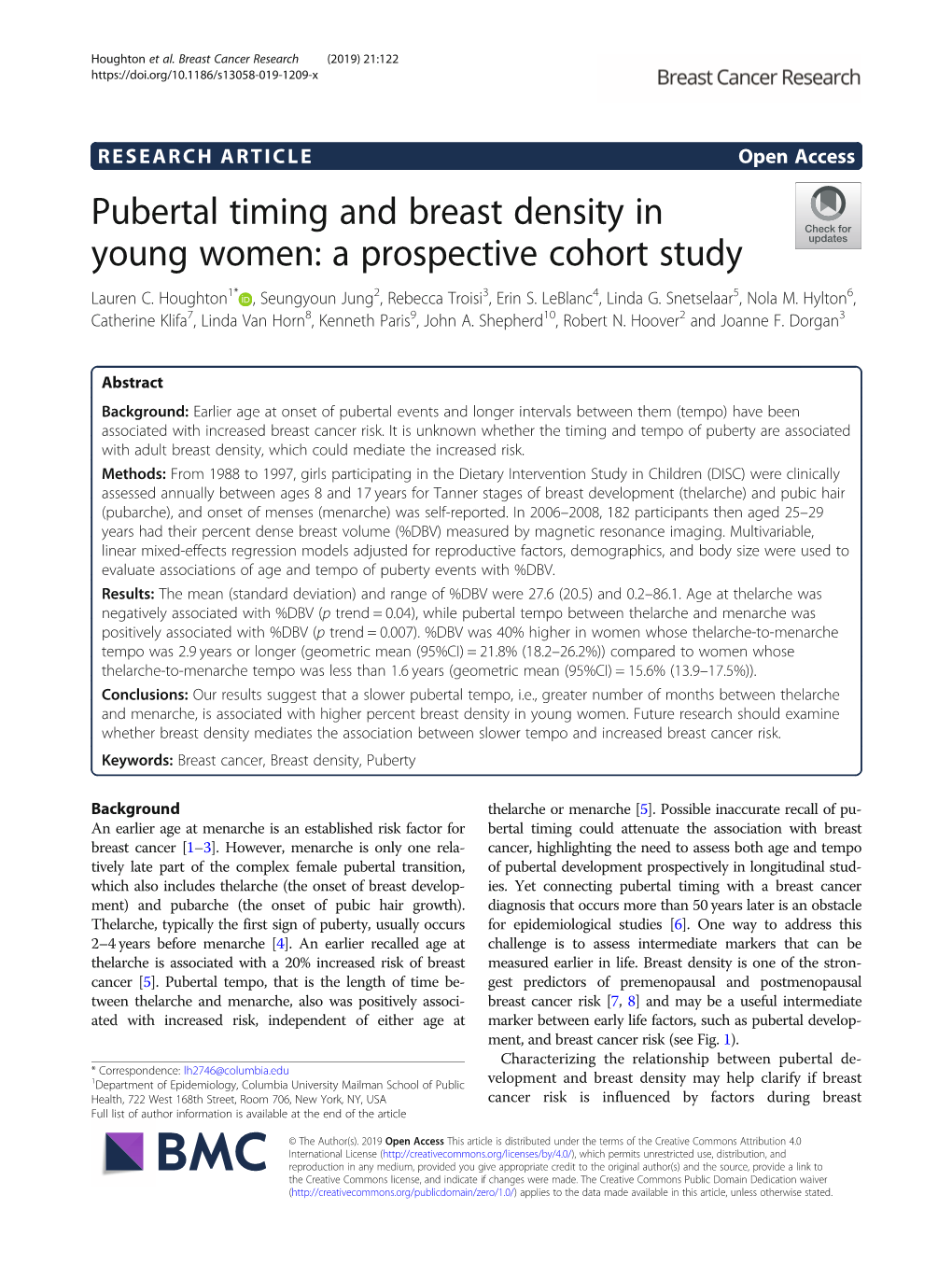 Pubertal Timing and Breast Density in Young Women: a Prospective Cohort Study Lauren C