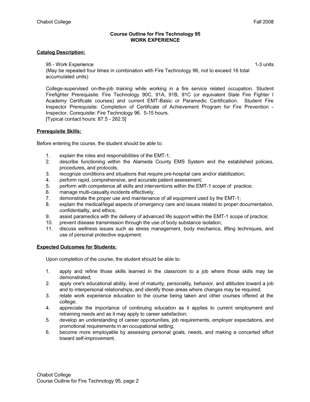 Course Outline for Fire Technology 95