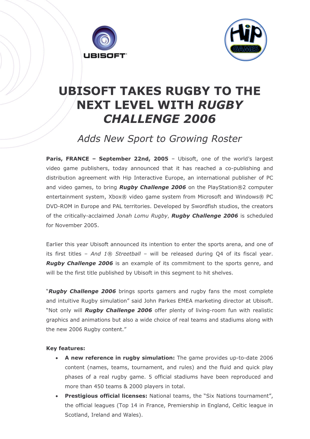 Ubisoft Takes Rugby to the Next Level with Rugby Challenge 2006