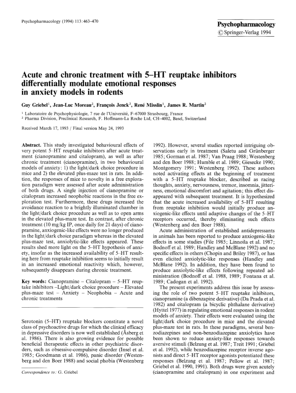 Acute and Chronic Treatment with 5-HT Reuptake Inhibitors Differentially Modulate Emotional Responses in Anxiety Models in Rodents