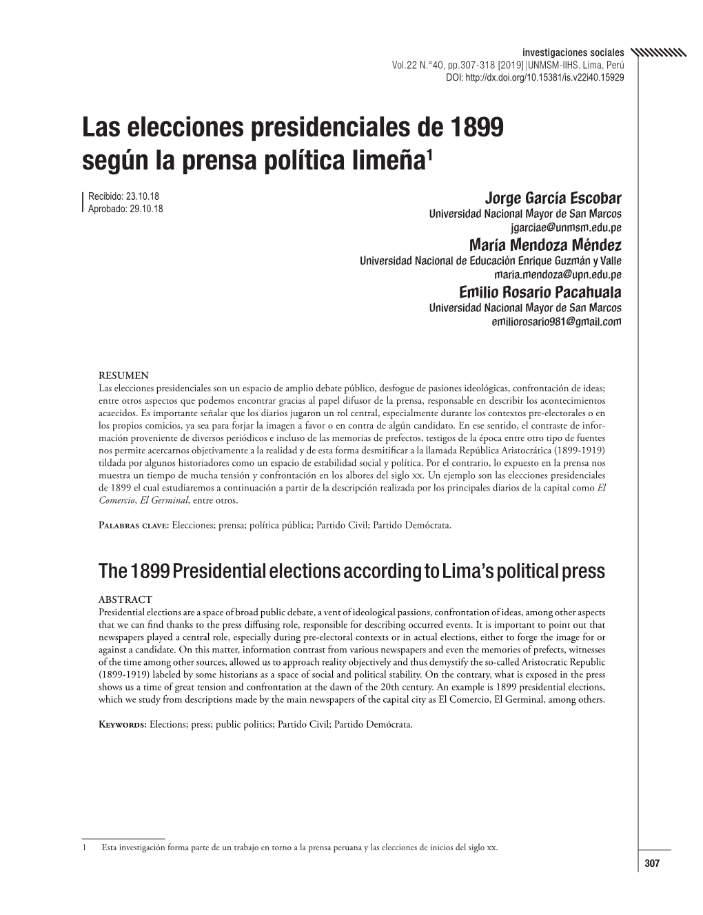 Las Elecciones Presidenciales De 1899 Según La Prensa Política Limeña1