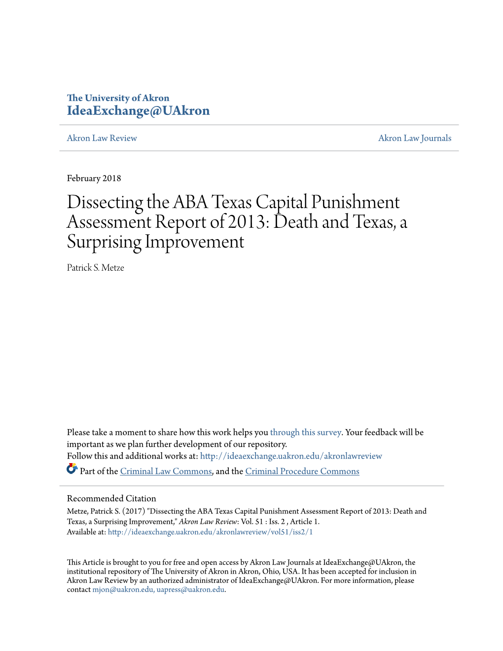 Dissecting the ABA Texas Capital Punishment Assessment Report of 2013: Death and Texas, a Surprising Improvement Patrick S