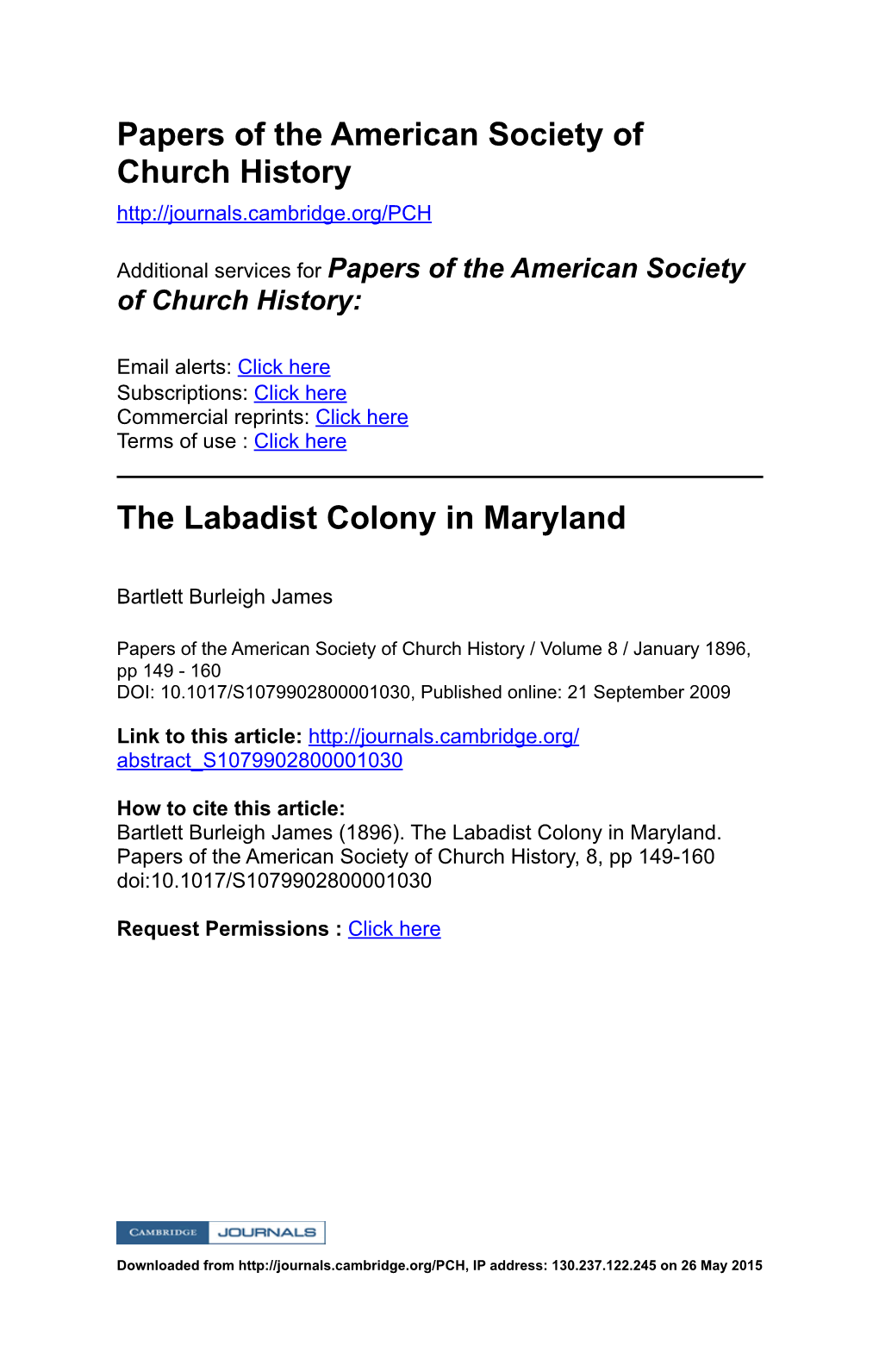 Papers of the American Society of Church History the Labadist