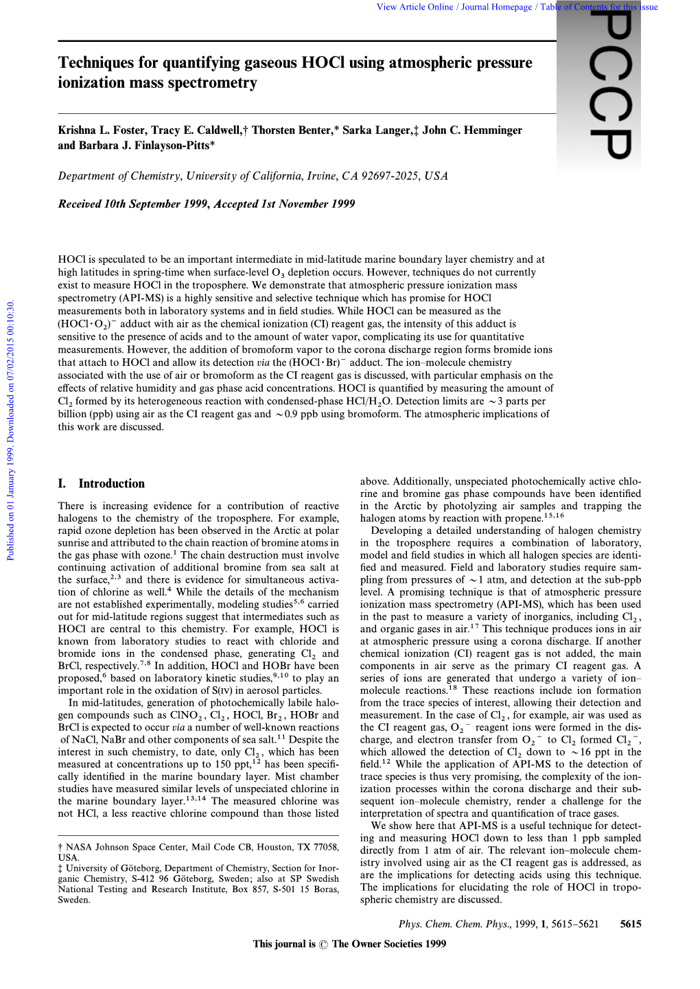 Techniques for Quantifying Gaseous Hocl Using Atmospheric Pressure Ionization Mass Spectrometry