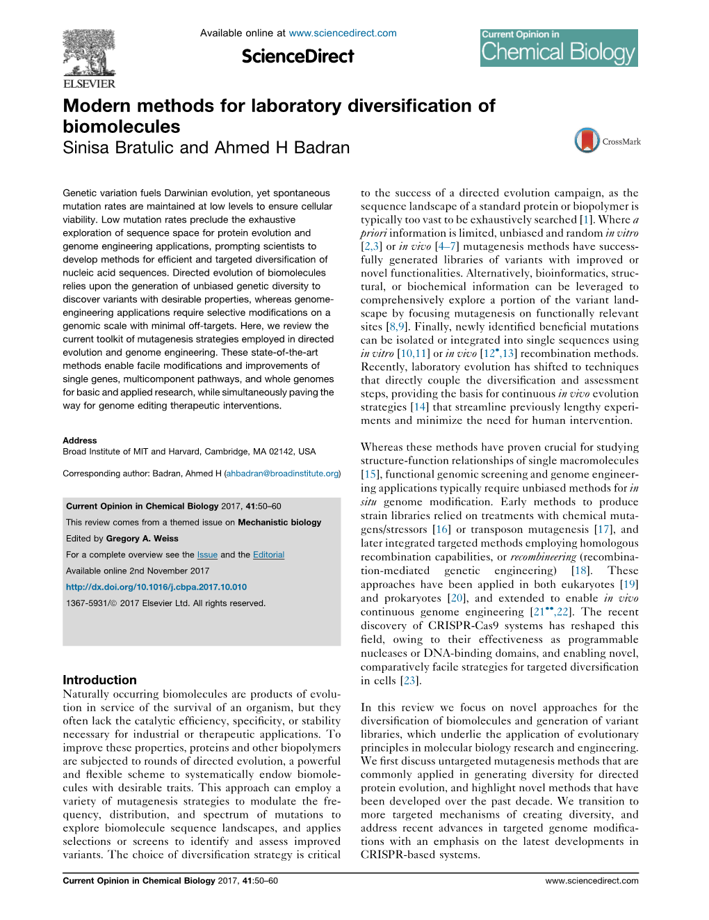 Modern Methods for Laboratory Diversification of Biomolecules Bratulic and Badran 51