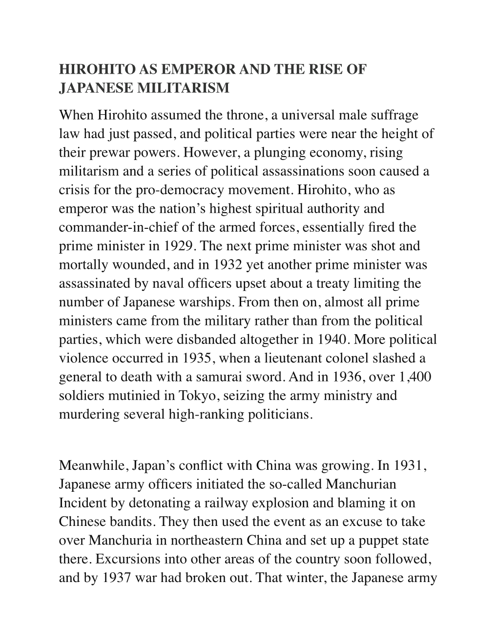 Hirohito As Emperor and the Rise of Japanese Militarism
