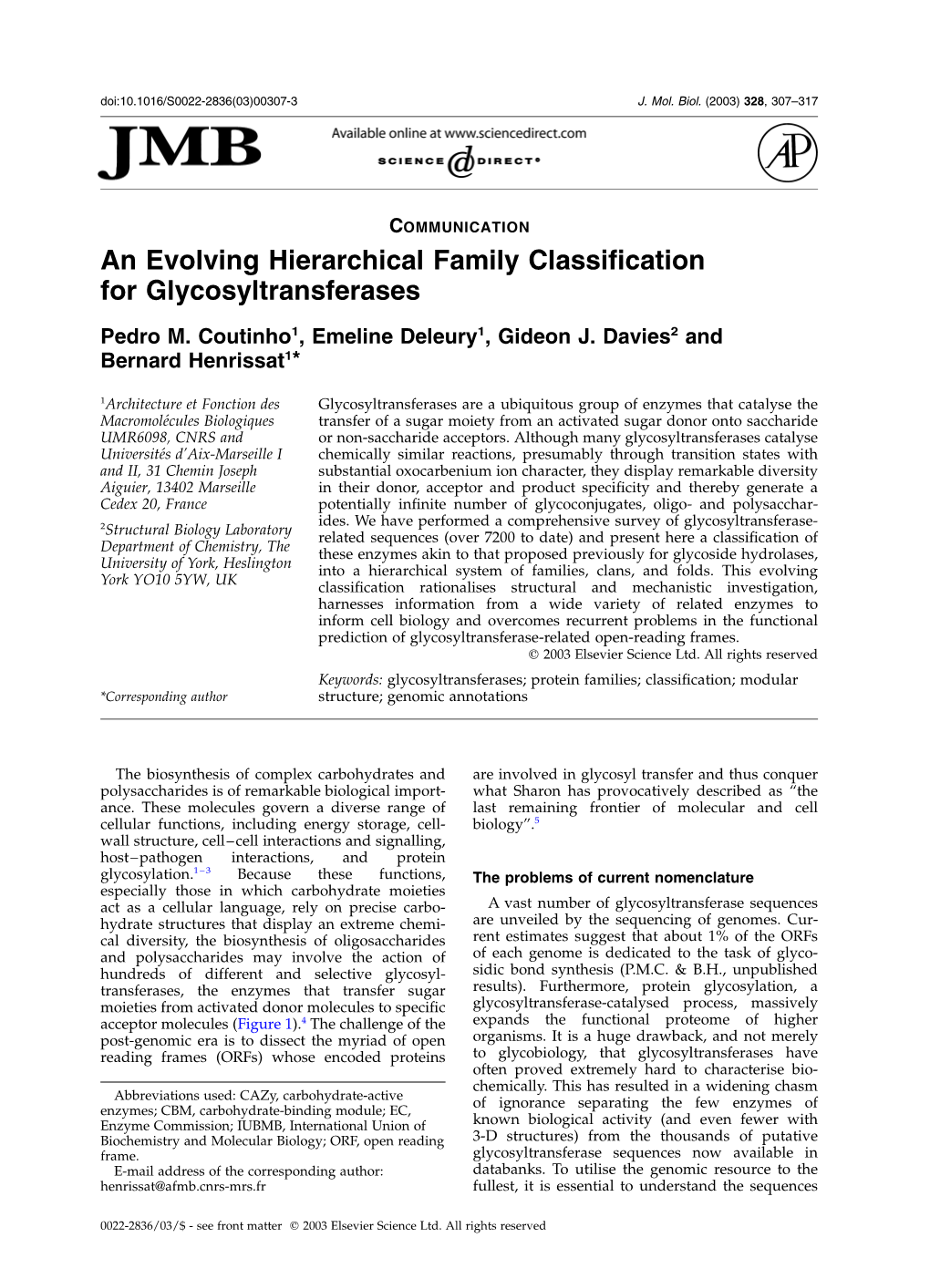 An Evolving Hierarchical Family Classification for Glycosyltransferases