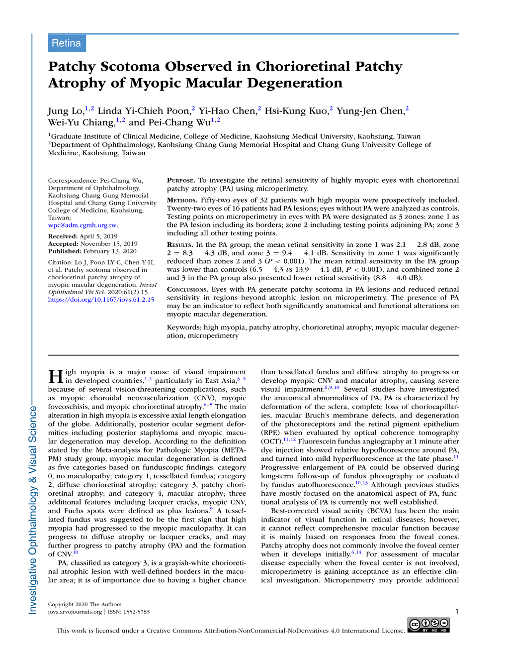 Patchy Scotoma Observed in Chorioretinal Patchy Atrophy of Myopic Macular Degeneration