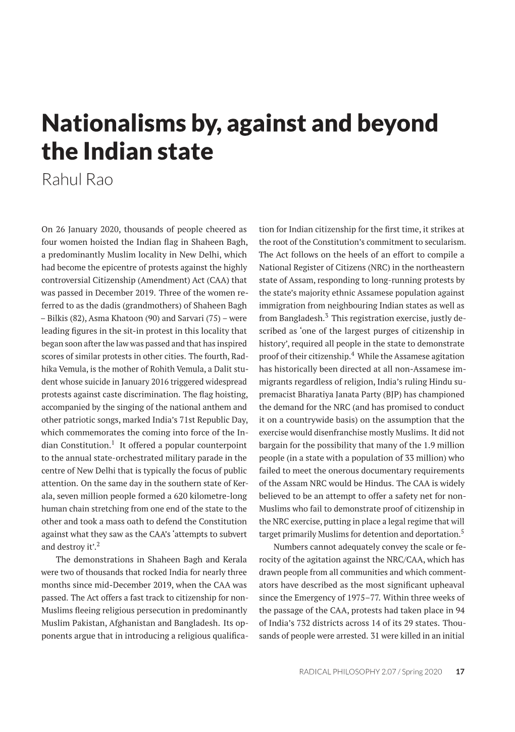 Nationalisms By, Against and Beyond the Indian State Rahul Rao