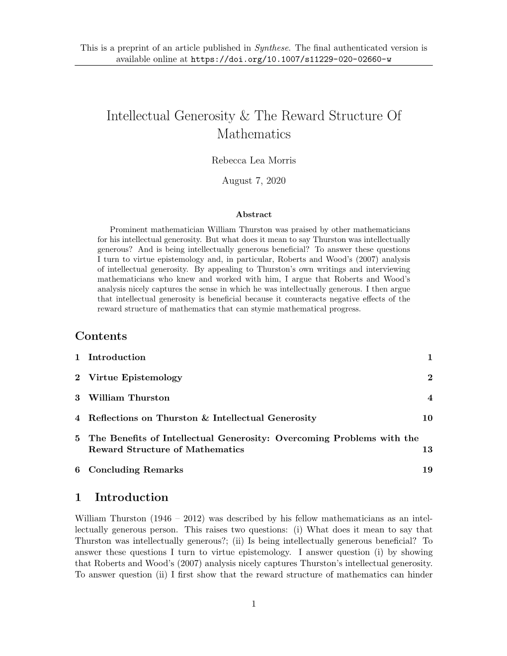 Intellectual Generosity & the Reward Structure of Mathematics