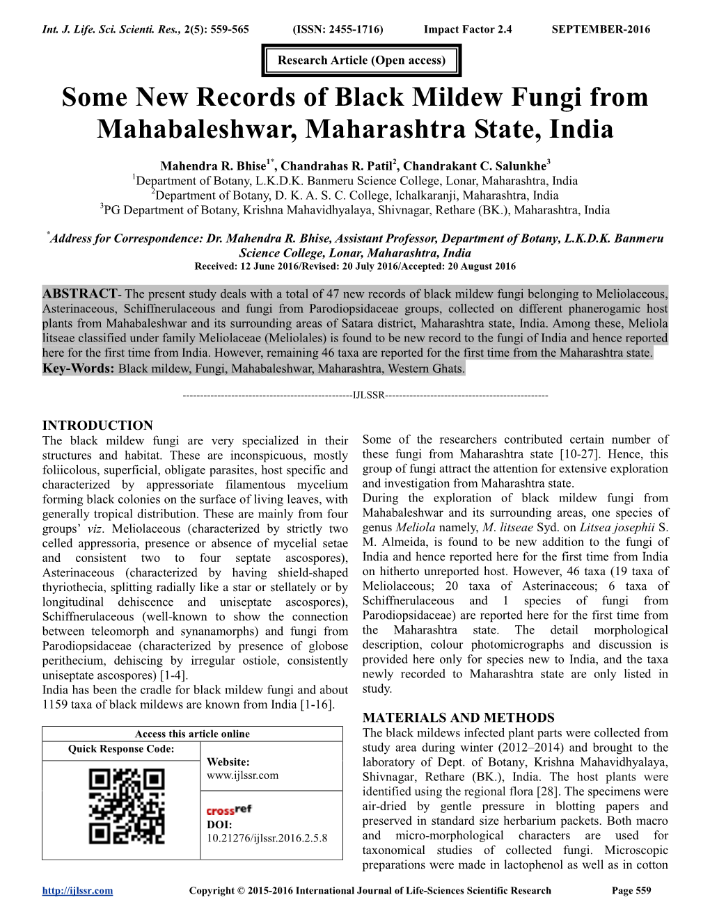 Some New Records of Black Mildew Fungi from Mahabaleshwar, Maharashtra State, India