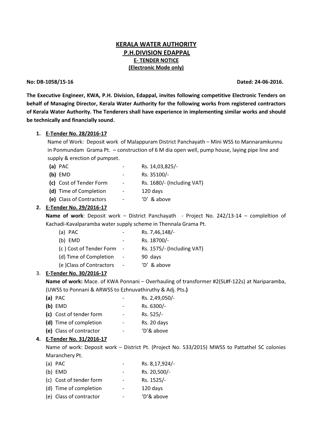 KERALA WATER AUTHORITY P.H.DIVISION EDAPPAL E- TENDER NOTICE (Electronic Mode Only)