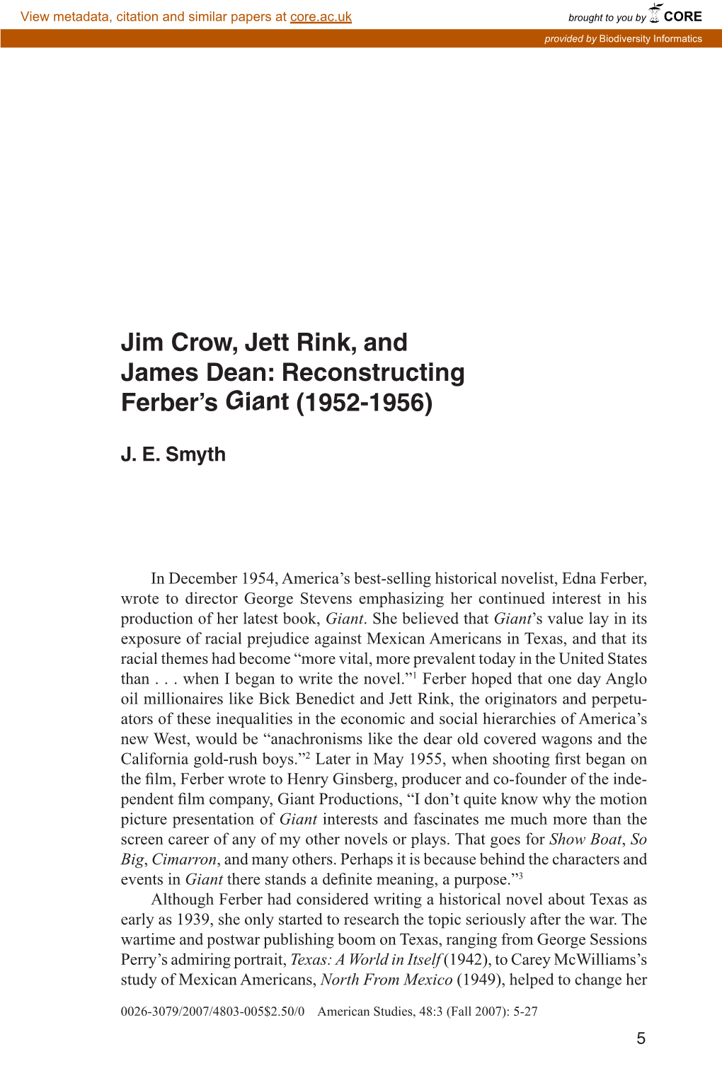 Jim Crow, Jett Rink, and James Dean: Reconstructing Ferber's Giant