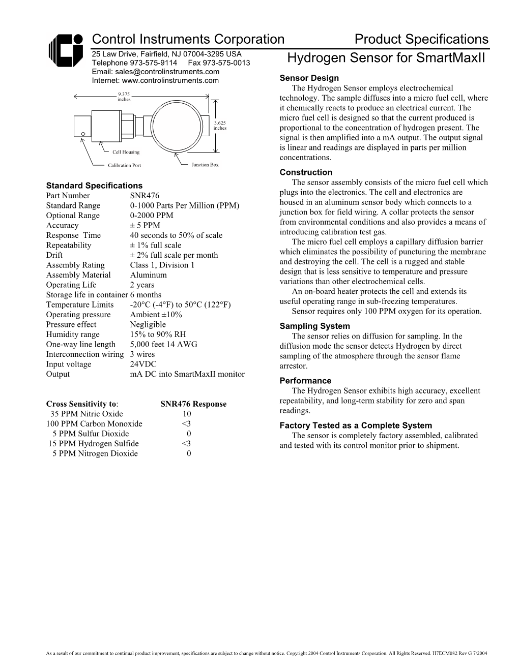 Hydrogen Sensor Specifications