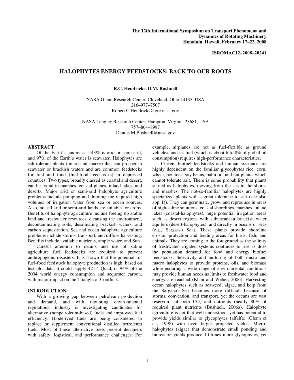 Halophytes Energy Feedstocks: Back to Our Roots