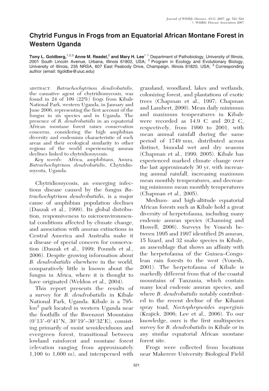 Chytrid Fungus in Frogs from an Equatorial African Montane Forest in Western Uganda