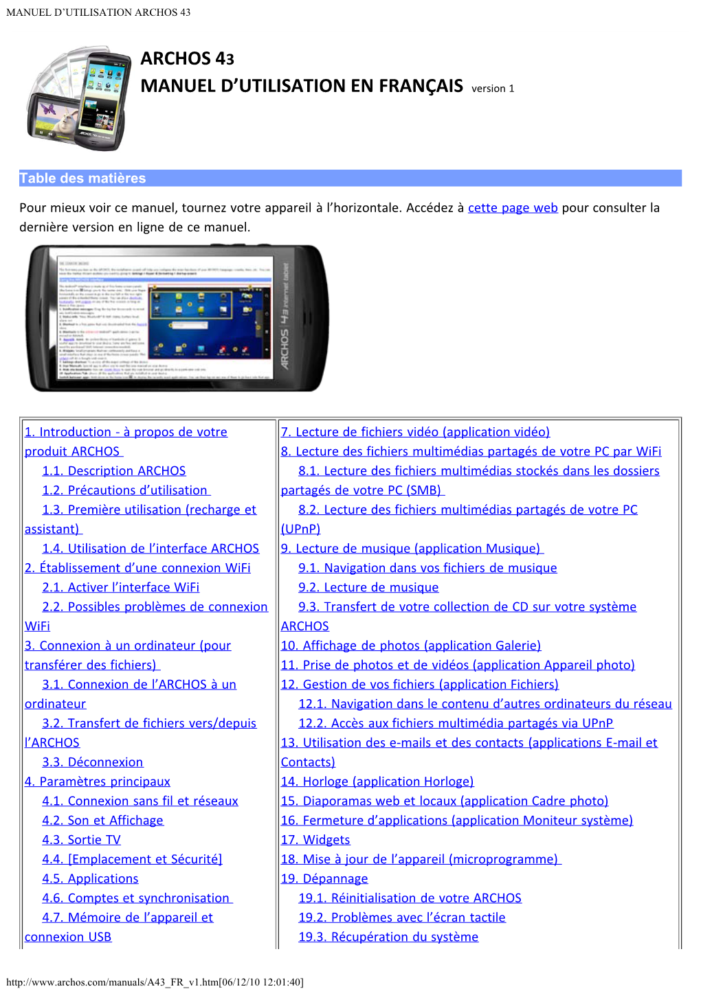 Manuel D'utilisation Archos 43