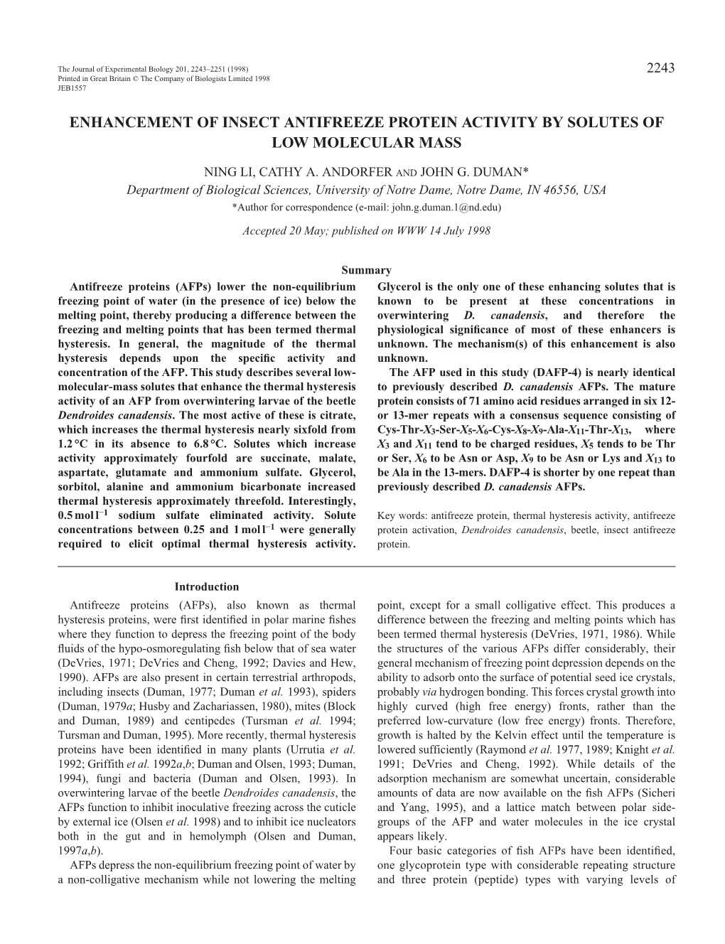 Enhancement of Insect Antifreeze Protein Activity by Solutes of Low Molecular Mass