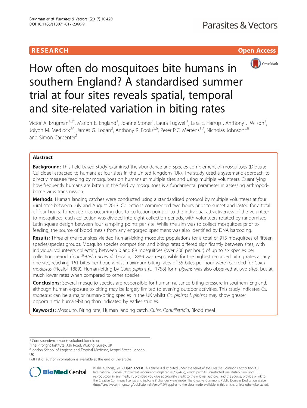 How Often Do Mosquitoes Bite Humans in Southern England? a Standardised Summer Trial at Four Sites Reveals Spatial, Temporal