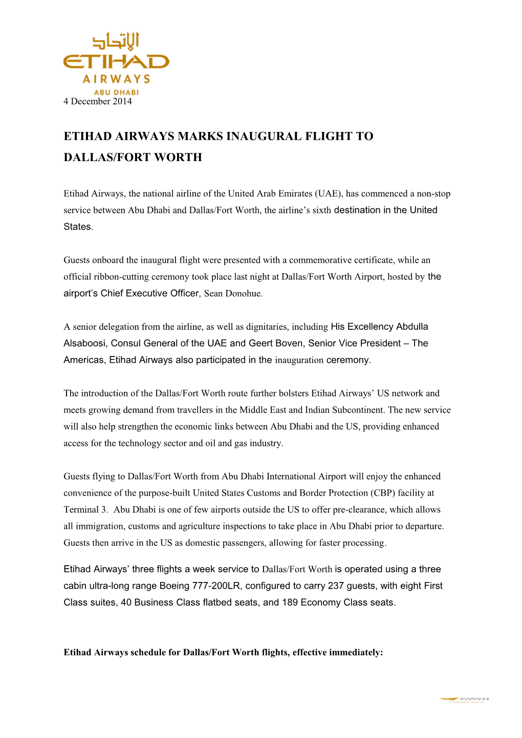 Etihad Airways Marks Inaugural Flight to Dallas/Fort Worth