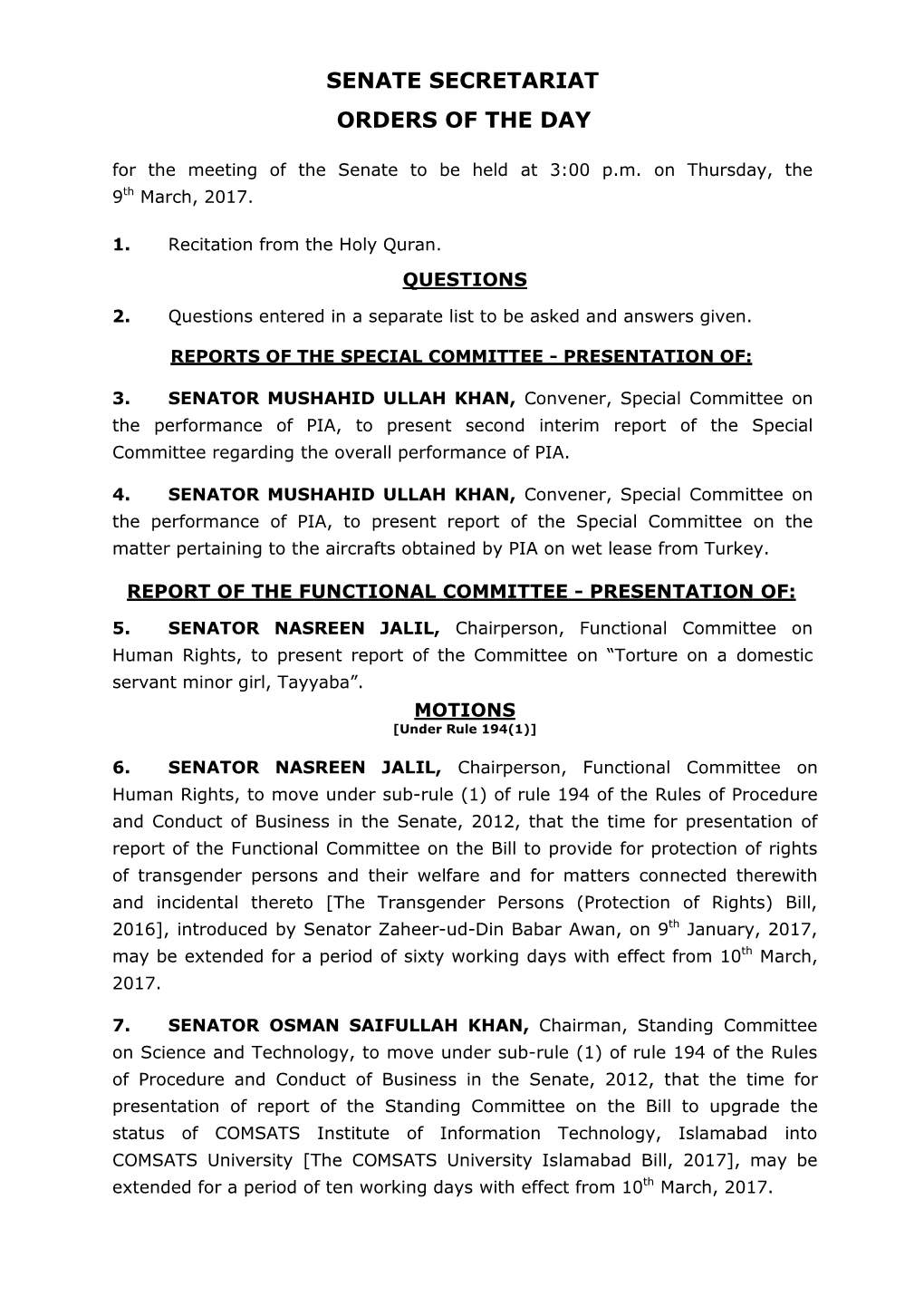 Senate Secretariat Orders of the Day