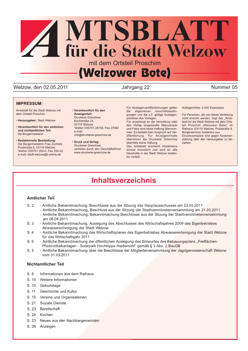 MTSBLATT Für Die Stadt Welzow Mit Dem Ortsteil Proschim (Welzower Bote)