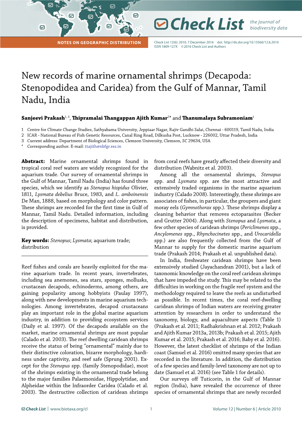 New Records of Marine Ornamental Shrimps (Decapoda: Stenopodidea and Caridea) from the Gulf of Mannar, Tamil Nadu, India