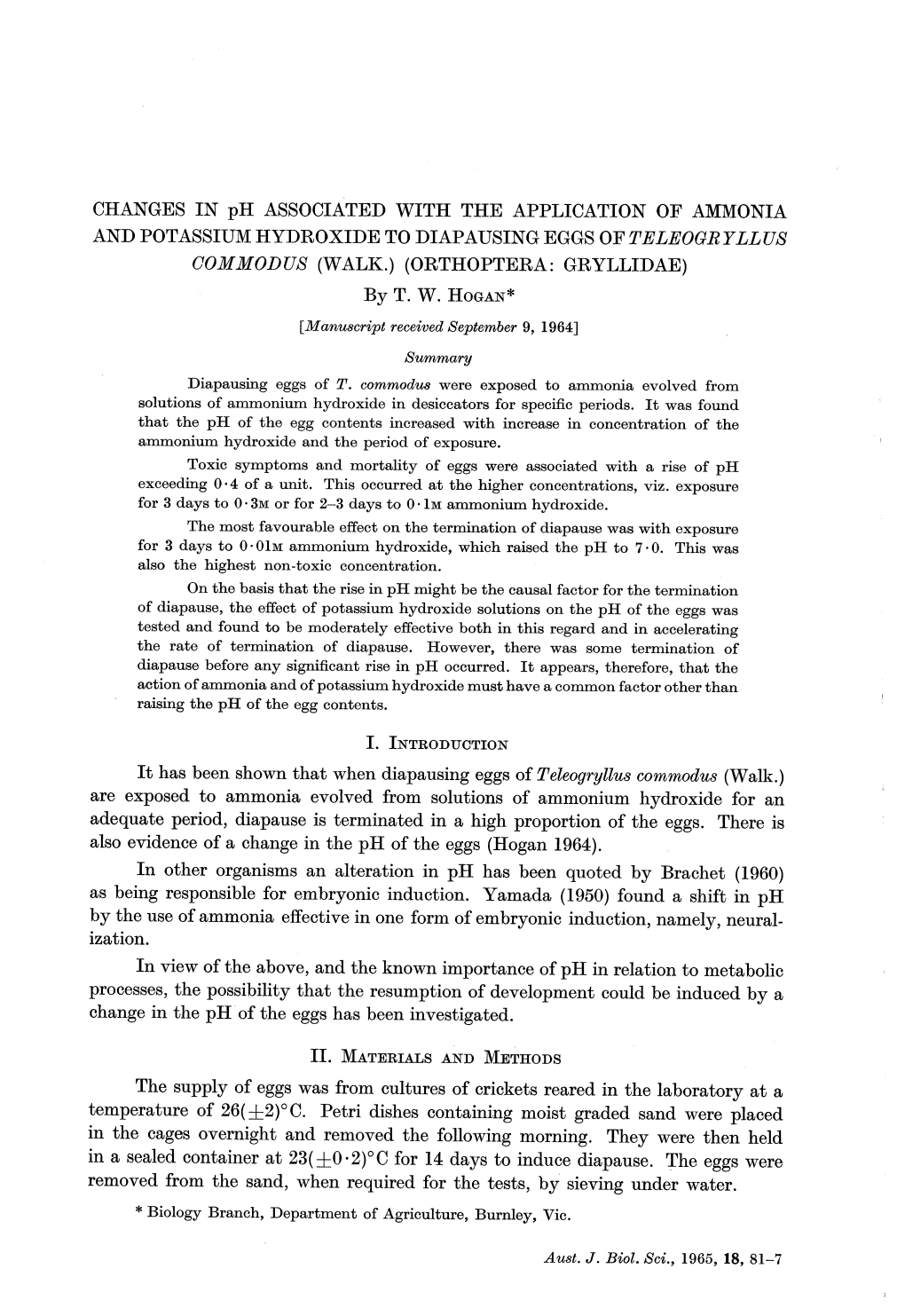 CHANGES in Ph ASSOCIATED with the APPLICATION of AMMONIA and POTASSIUM HYDROXIDE to DIAPAUSING EGGS of TELEOGRYLLUS OOMMODUS (WALK.) (ORTHOPTERA: GRYLLIDAE)