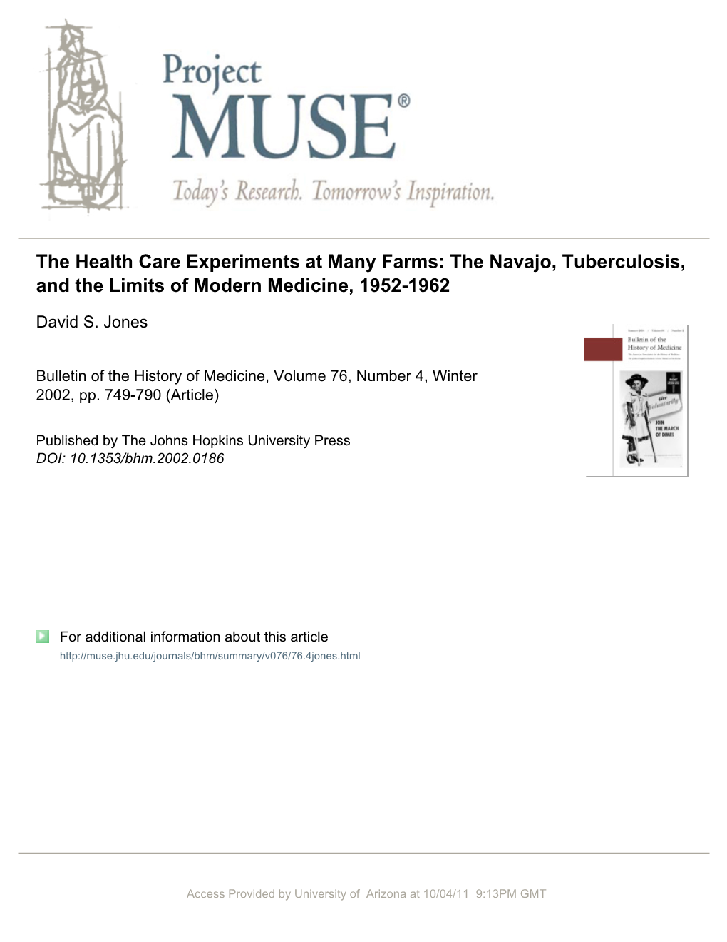 The Health Care Experiments at Many Farms: the Navajo, Tuberculosis, and the Limits of Modern Medicine, 1952-1962