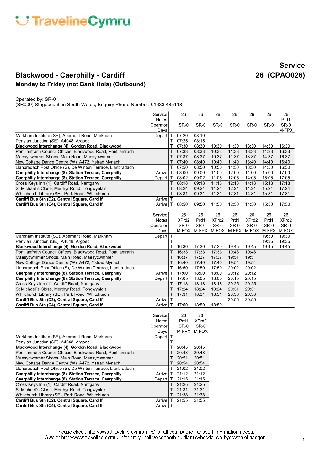 Service Blackwood - Caerphilly - Cardiff 26 (CPAO026) Monday to Friday (Not Bank Hols) (Outbound)