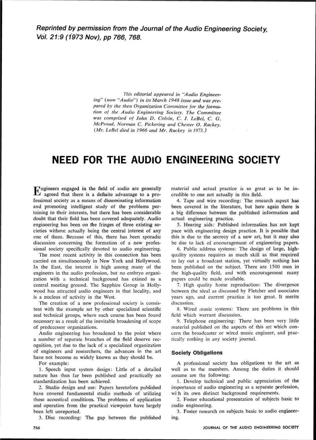 Need for the Audio Engineering Society