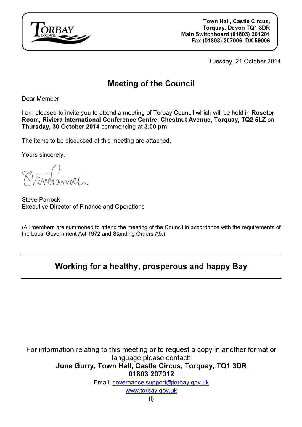 Meeting of the Council Working for a Healthy, Prosperous and Happy