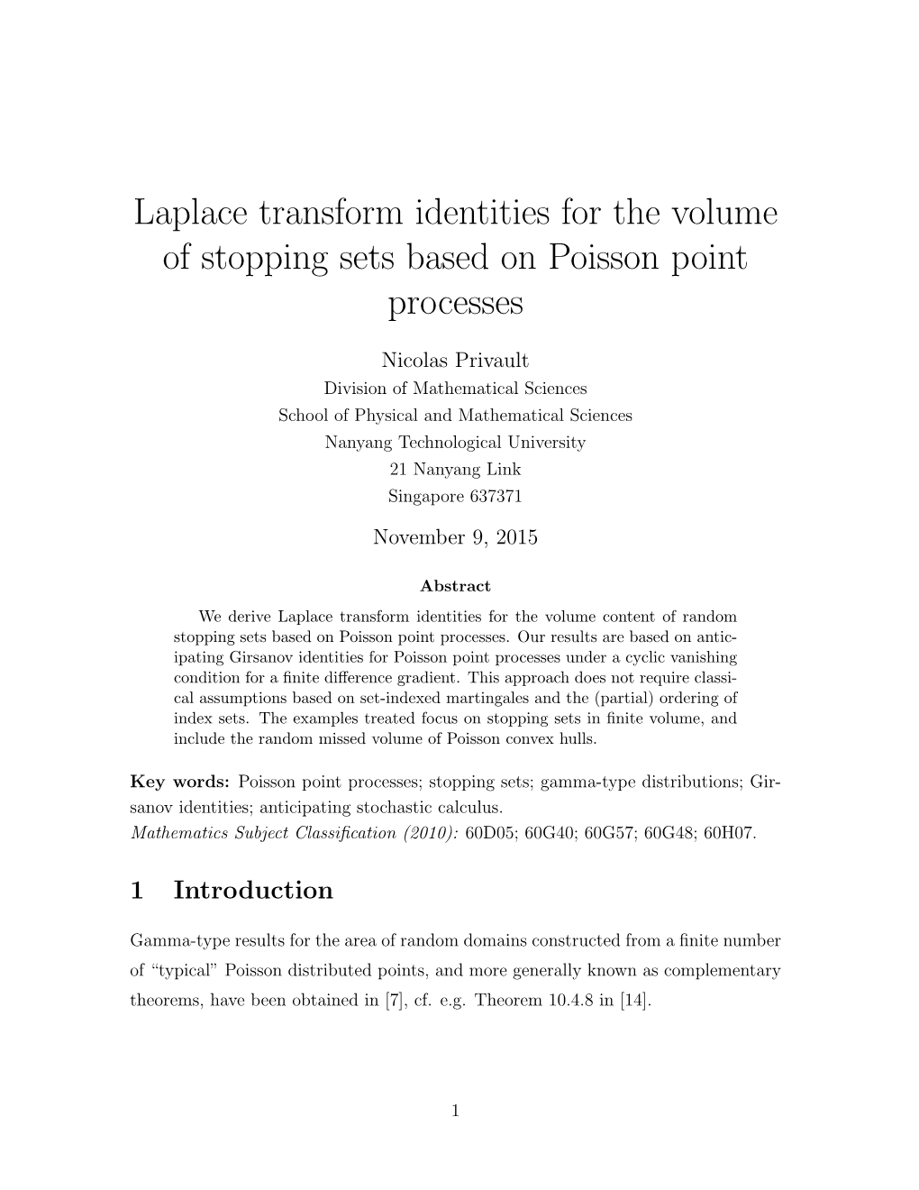 Laplace Transform Identities for the Volume of Stopping Sets Based on Poisson Point Processes