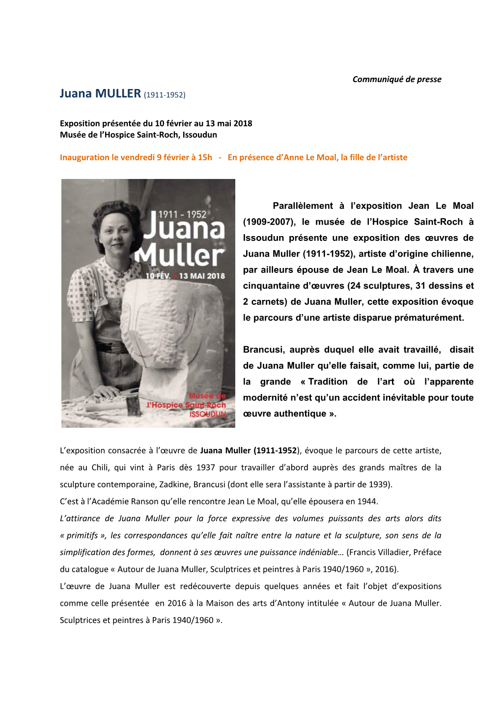 Communiqué De Presse Juana MULLER (1911-1952)