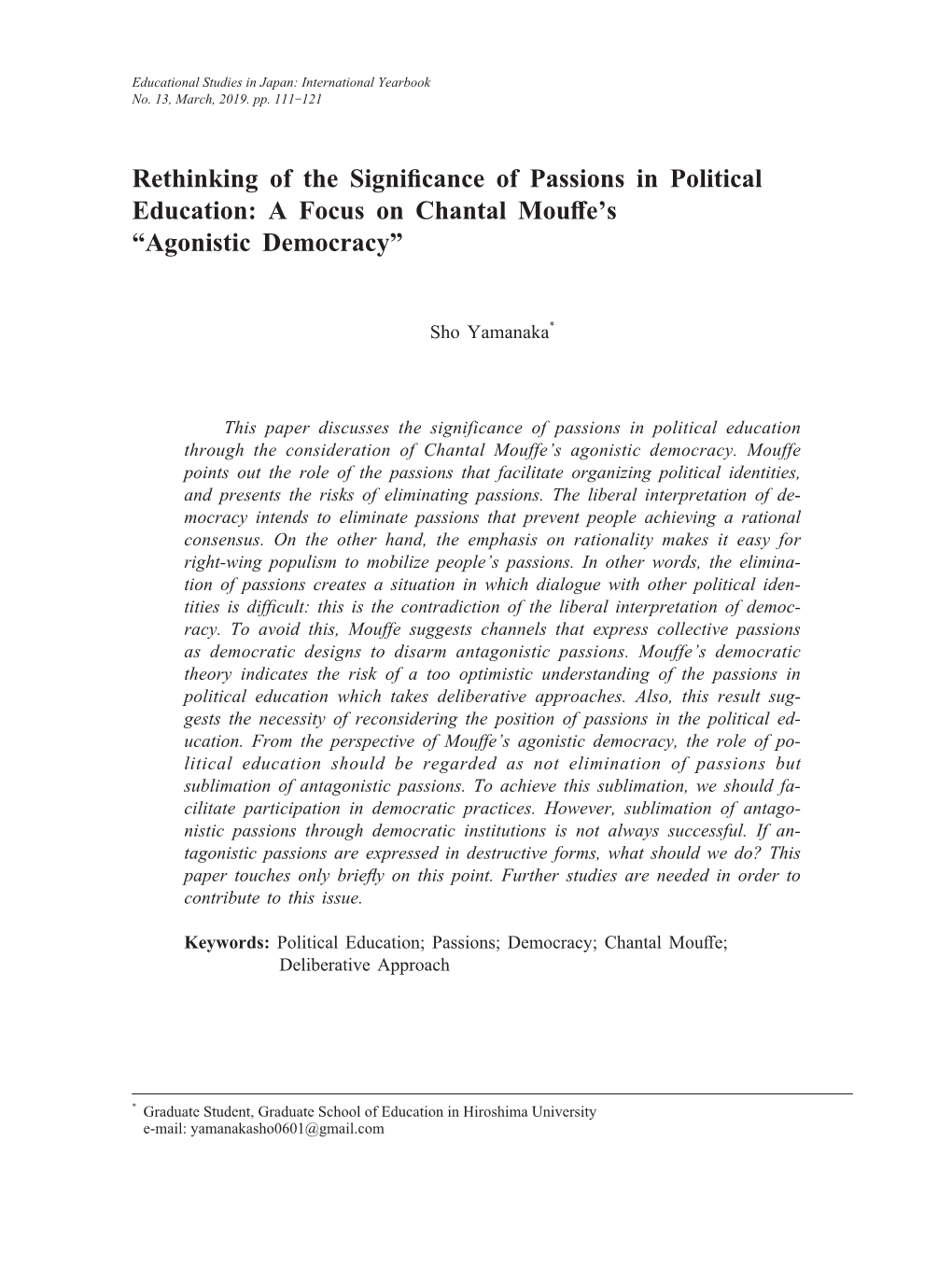 A Focus on Chantal Mouffe's “Agonistic Democracy”