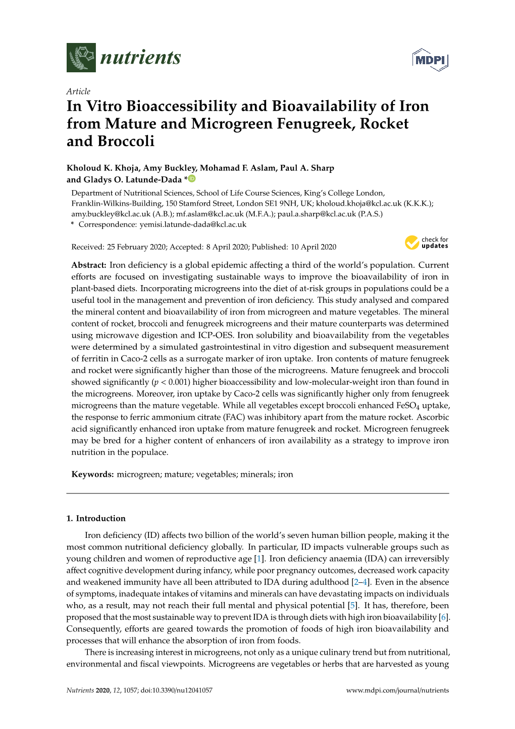 In Vitro Bioaccessibility and Bioavailability of Iron from Mature and Microgreen Fenugreek, Rocket and Broccoli