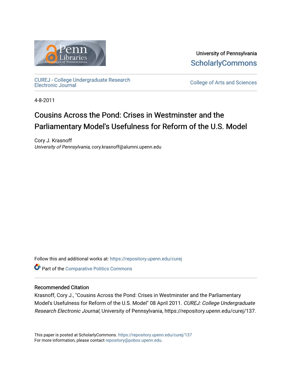 Cousins Across the Pond: Crises in Westminster and the Parliamentary Model's Usefulness for Reform of the U.S