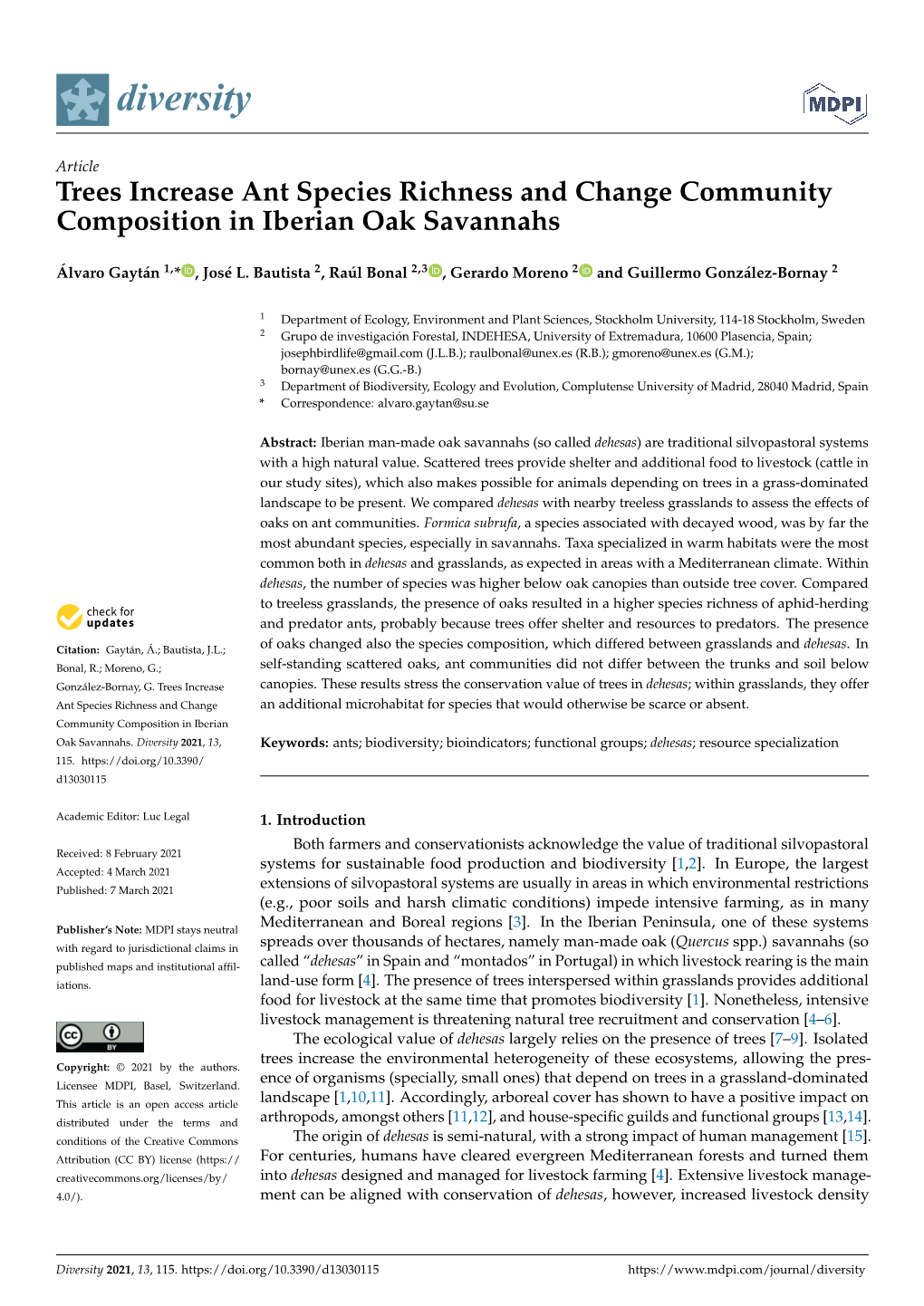 Trees Increase Ant Species Richness and Change Community Composition in Iberian Oak Savannahs