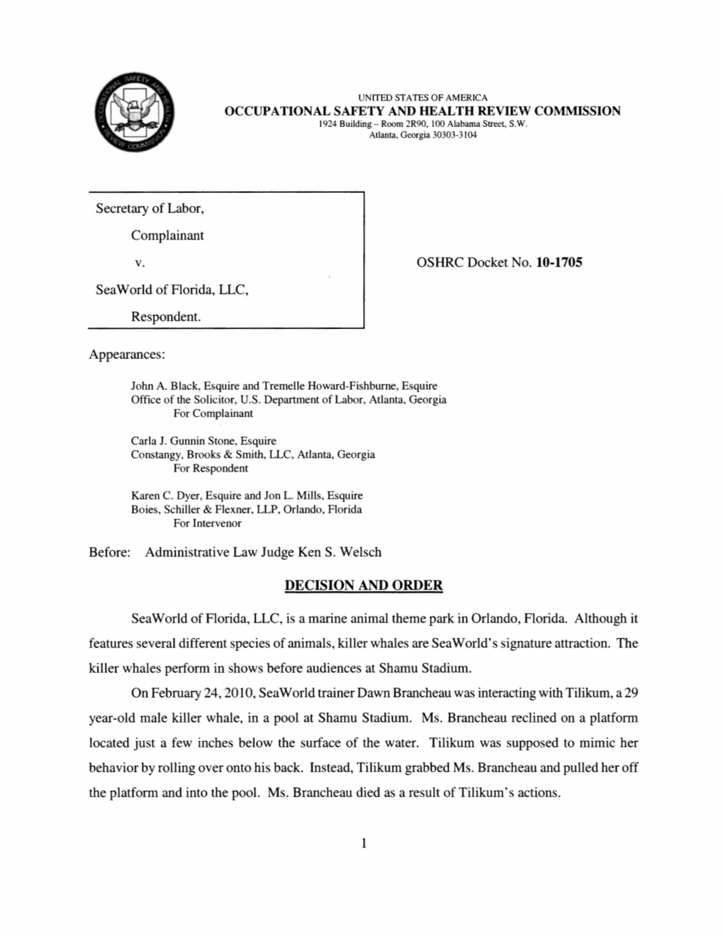 Secretary of Labor V. Seaworld of Florida, LLC, Docket No. 10-1705