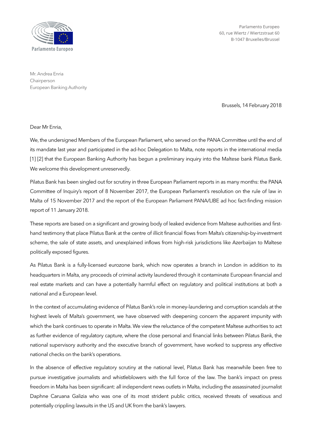 Letter to Mr Andrea Enria