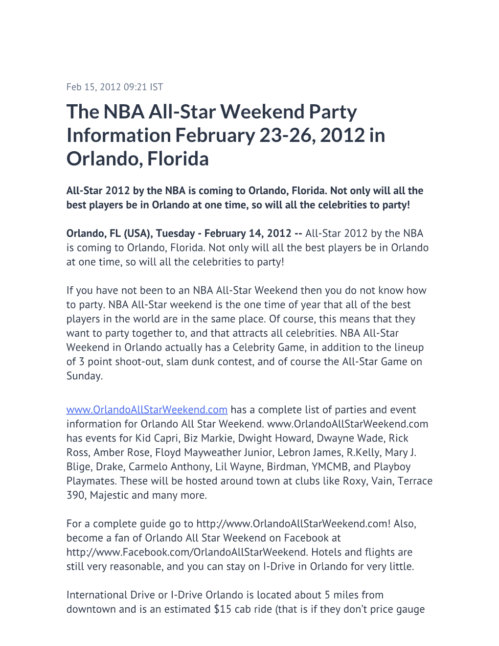 The NBA All-Star Weekend Party Information February 23-26, 2012 in Orlando, Florida