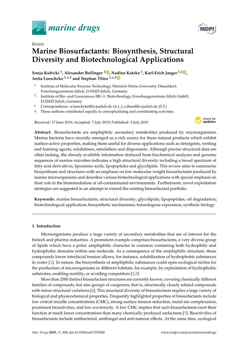 Marine Biosurfactants: Biosynthesis, Structural Diversity and Biotechnological Applications