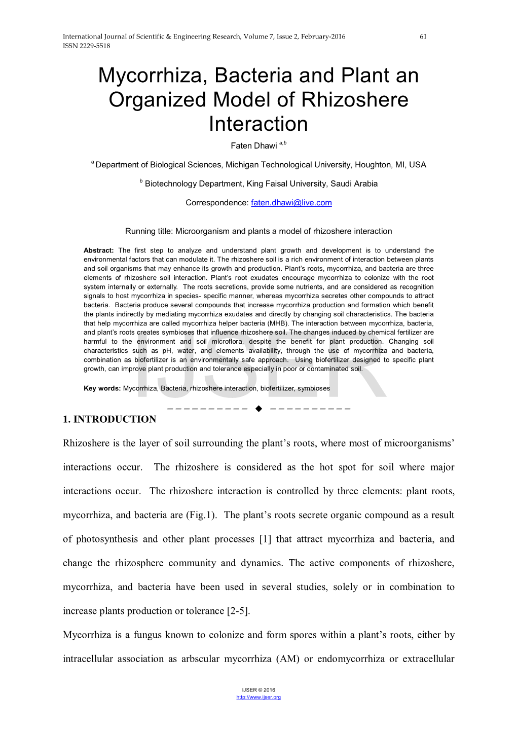 Mycorrhiza, Bacteria and Plant an Organized Model of Rhizoshere Interaction Faten Dhawi A,B