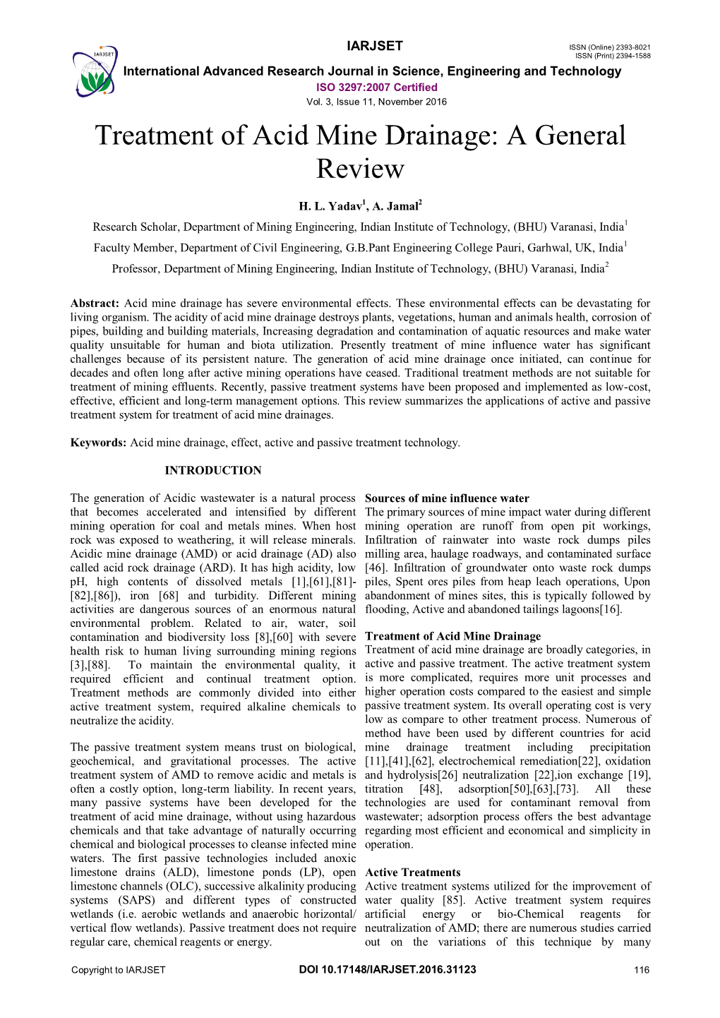 Treatment of Acid Mine Drainage: a General Review